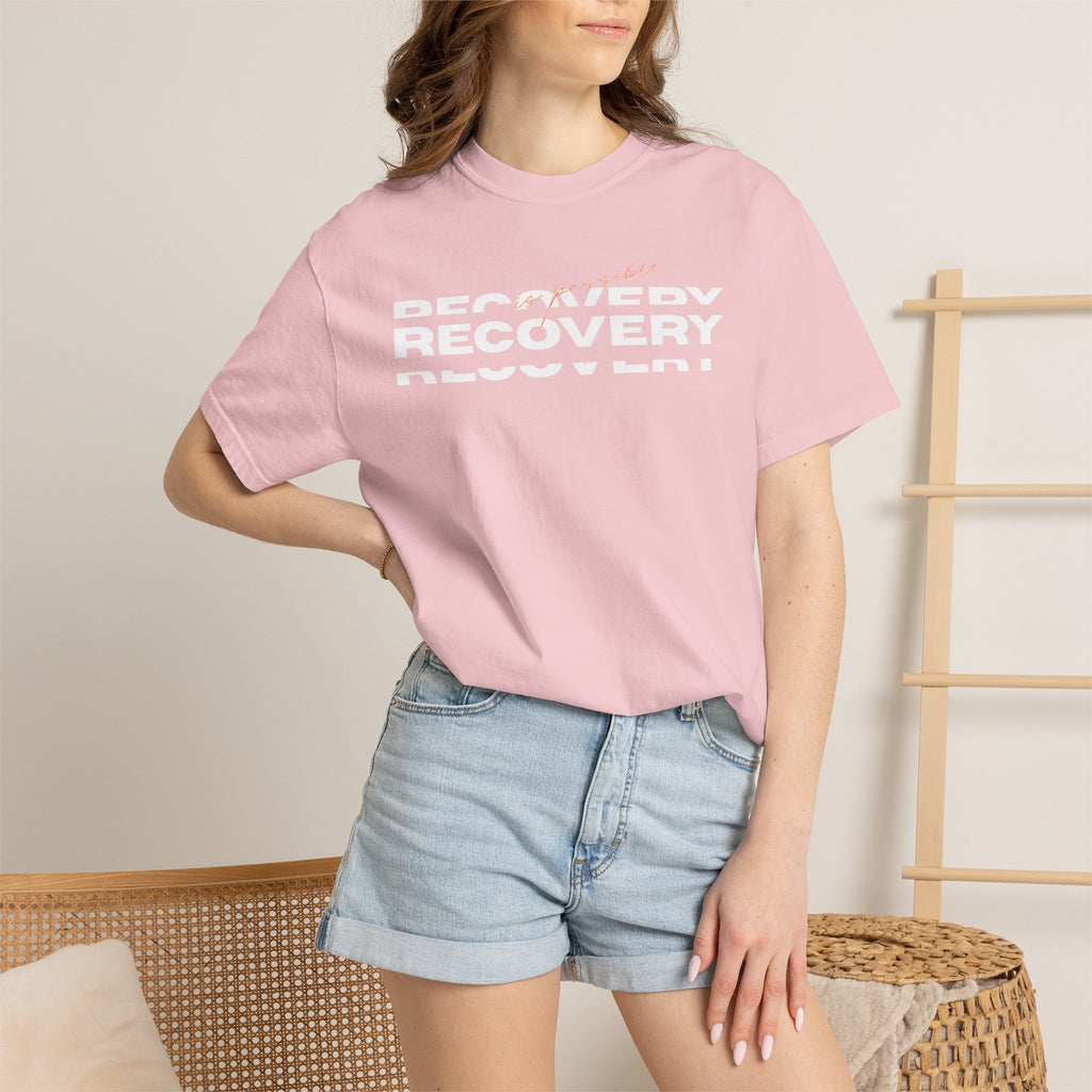 Recovery Graphic T-Shirt — Bold Repeating Text Tee for Sobriety & Healing