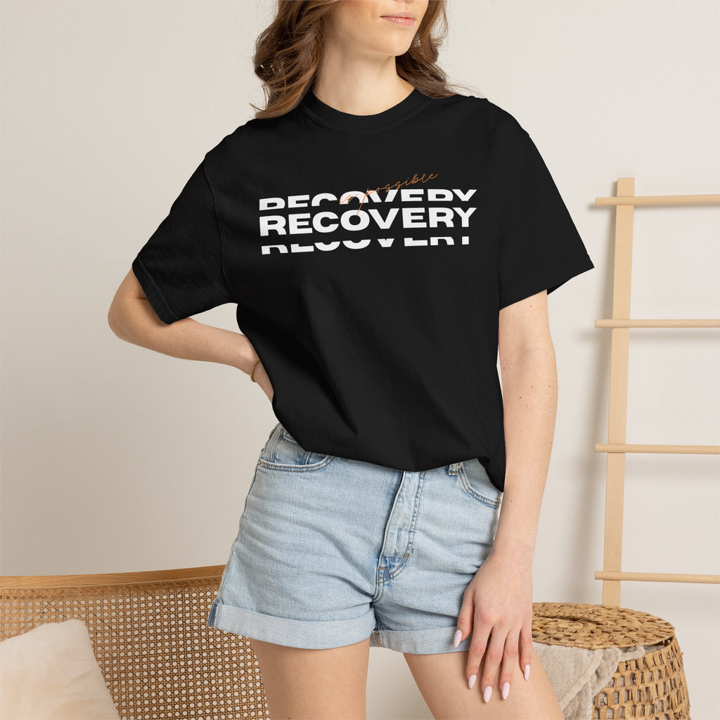 Recovery Graphic T-Shirt — Bold Repeating Text Tee for Sobriety & Healing