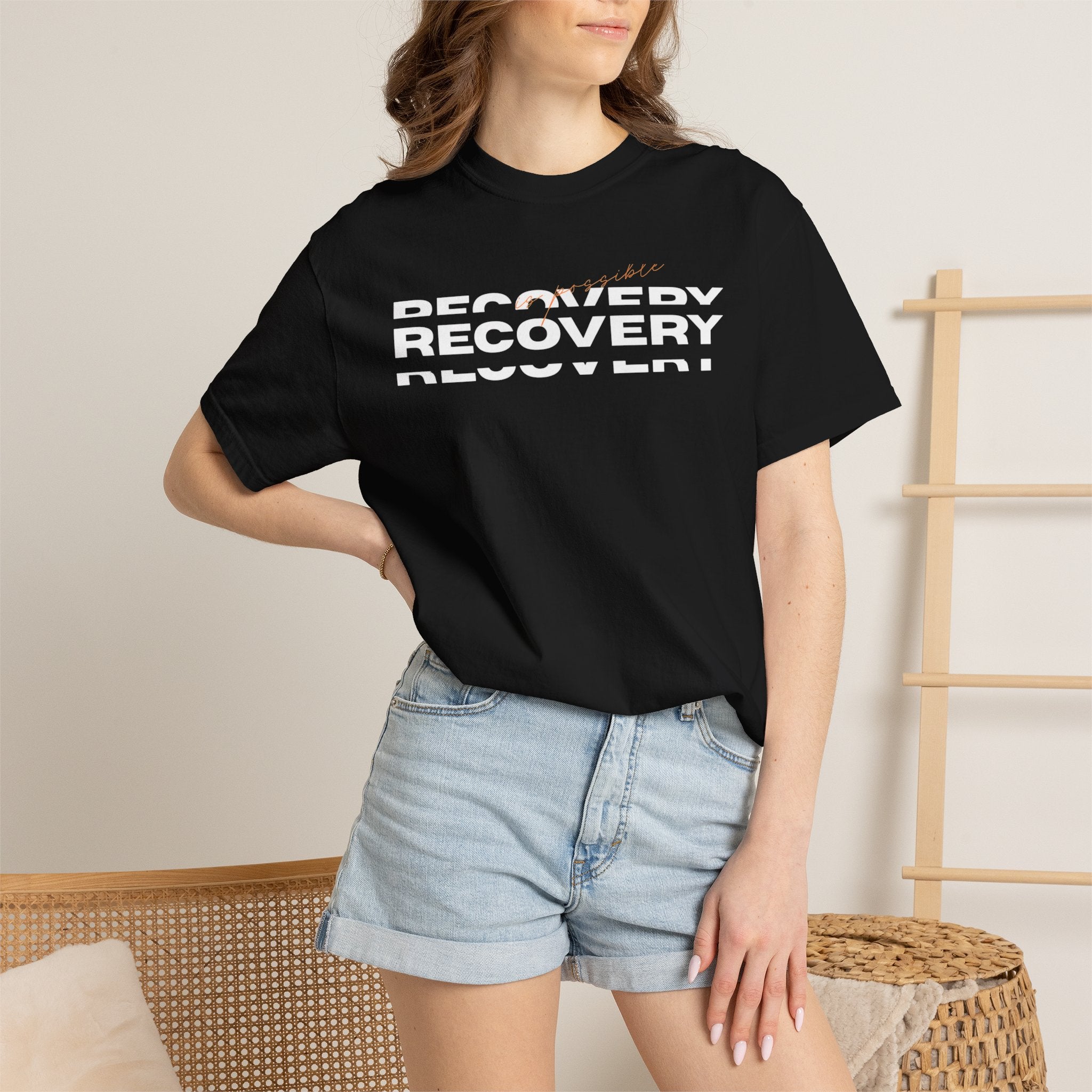 Recovery Graphic T-Shirt — Bold Repeating Text Tee for Sobriety & Healing