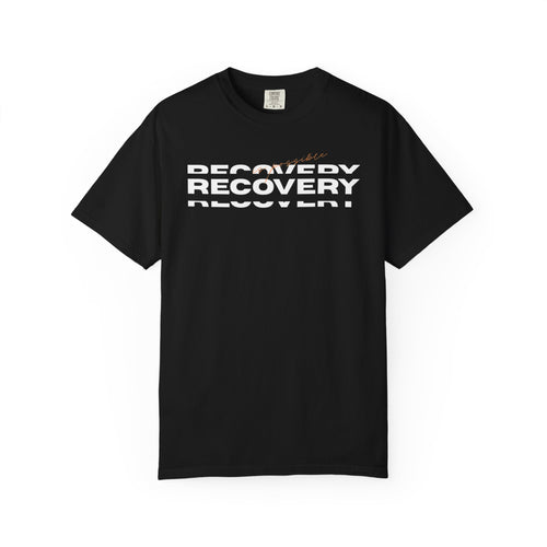 Recovery Graphic T-Shirt — Bold Repeating Text Tee for Sobriety & Healing