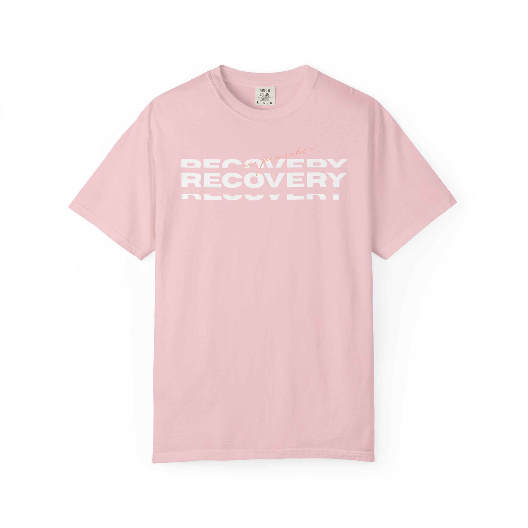 Recovery Graphic T-Shirt — Bold Repeating Text Tee for Sobriety & Healing