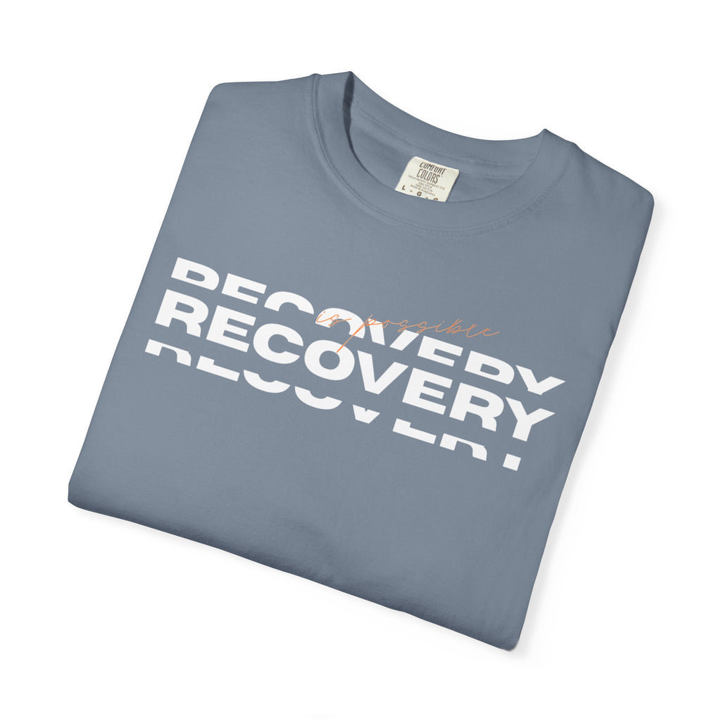 Recovery Graphic T-Shirt — Bold Repeating Text Tee for Sobriety & Healing