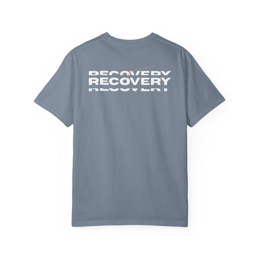 Recovery Graphic T-Shirt — Bold Repeating Text Tee for Sobriety & Healing