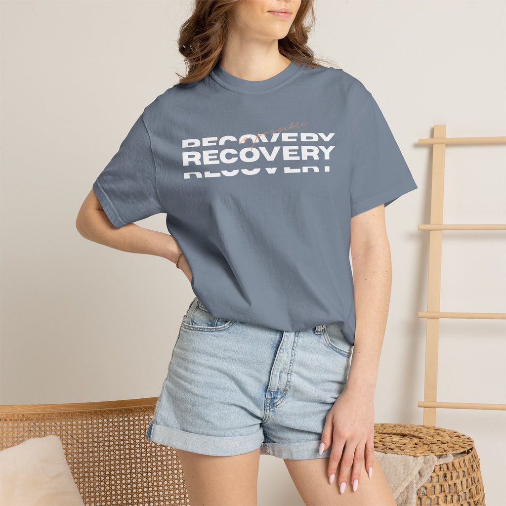 Recovery Graphic T-Shirt — Bold Repeating Text Tee for Sobriety & Healing