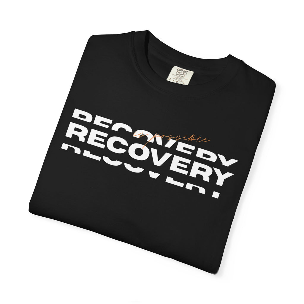 Recovery Graphic T-Shirt — Bold Repeating Text Tee for Sobriety & Healing